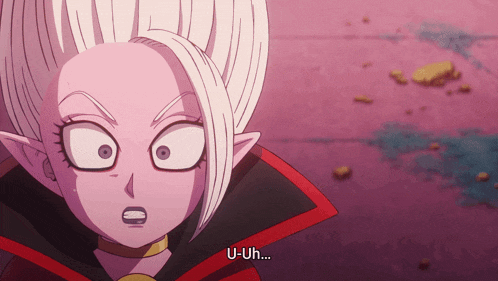 a cartoon character says " u-uh " at the bottom of her face
