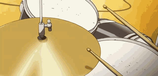 a cartoon drawing of a drum set with cymbals and drum sticks