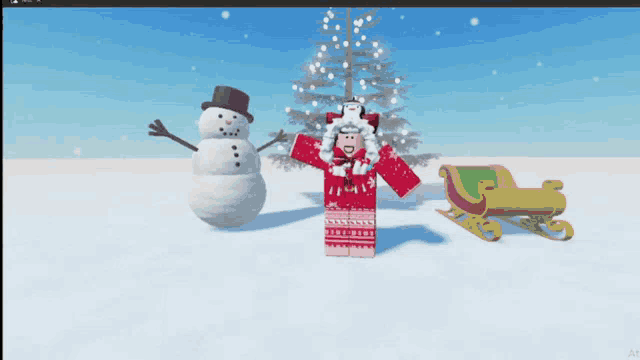 a christmas scene with a snowman and a sled