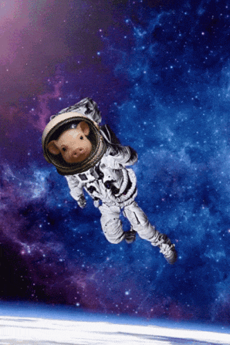a pig in a space suit is flying through the air