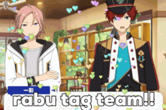 two anime characters standing next to each other with the words " rabu tag team " written below them