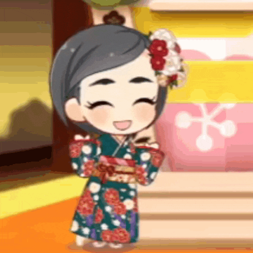 a cartoon girl is wearing a kimono and smiling while standing in a room .