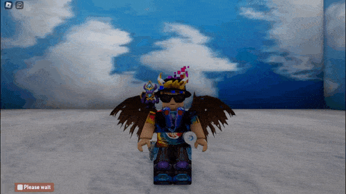 a person in a video game with a please wait button