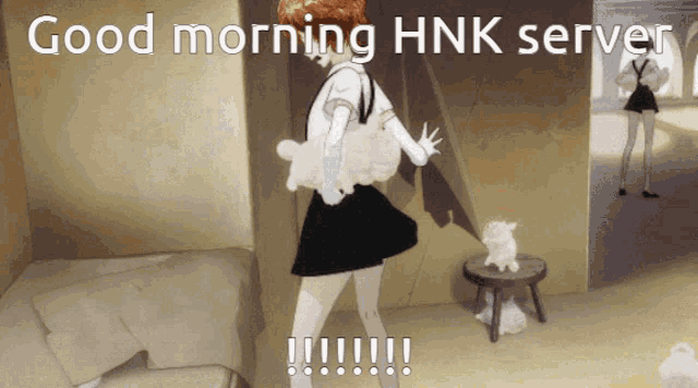 a cartoon of a girl holding a stuffed animal with the words good morning hnk server