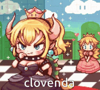 a pixel art drawing of princess bowser and princess peach with the word cloverda in the corner