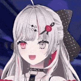 a girl with long white hair and red eyes is wearing a choker and earrings .