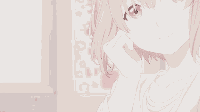 a close up of a girl with pink hair