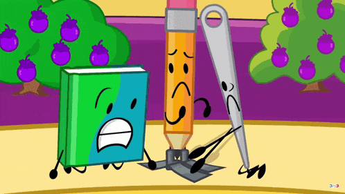 a cartoon drawing of a book a pencil and a scissors