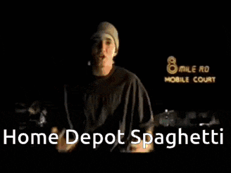 a picture of a man with the words home depot spaghetti on the bottom