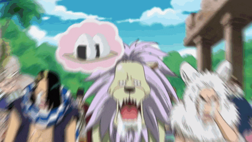 a group of people are standing around a lion with a speech bubble above it