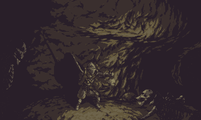 a pixel art of a knight holding a sword and shield