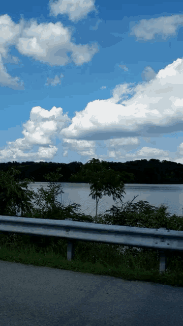 a view of a lake with trees and a blue sky