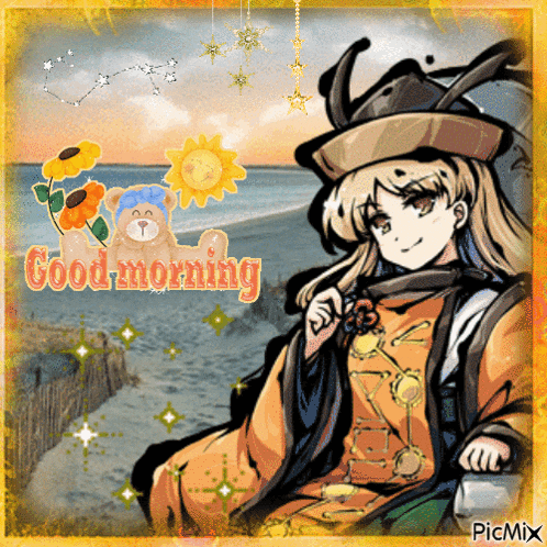 a picture of a girl with the words " good morning " written on it