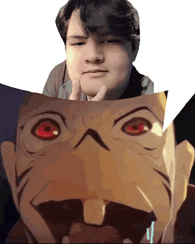 a man with his hand on his chin looks at a cartoon character with red eyes