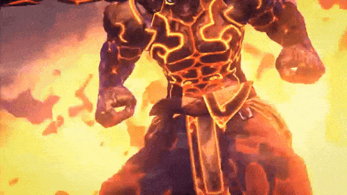 a cartoon character is standing in front of a fire and smoke .
