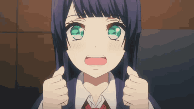 a girl with blue hair and green eyes is making a face