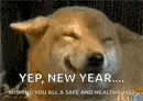 a dog is smiling with its eyes closed and wishing you all a safe and healthy year .