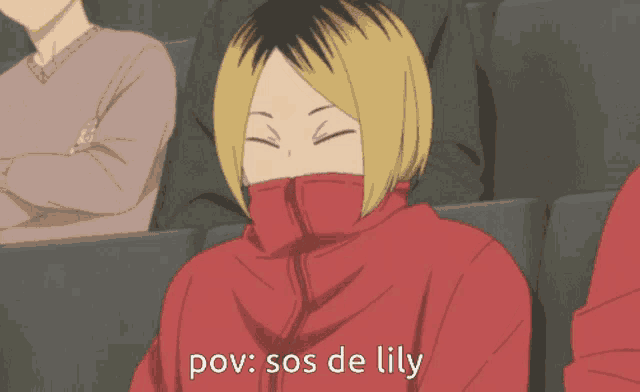 a person in a red jacket with the words pov : sos de lily on the bottom