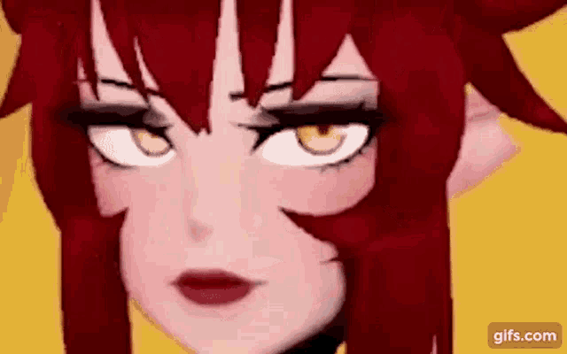 a close up of a cartoon character with red hair and yellow eyes