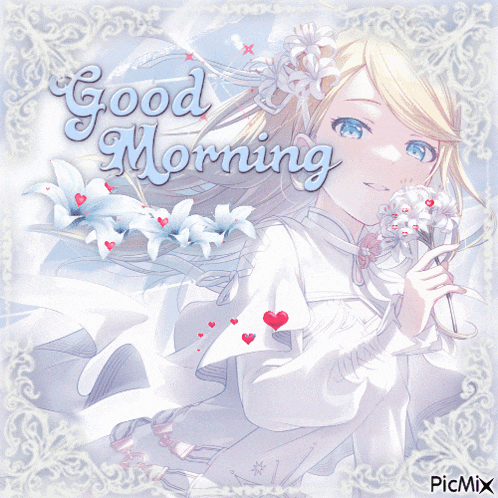 a picture of a girl holding flowers with the words good morning