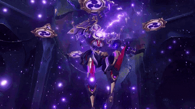 a video game character is surrounded by purple lights and a purple lightning bolt .
