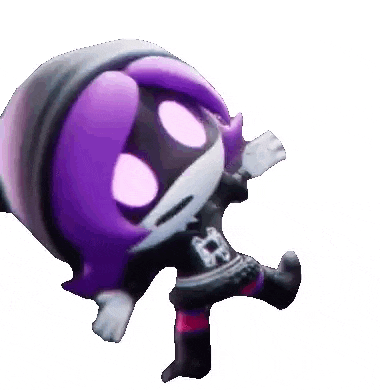 a cartoon character with purple hair and pink eyes is sitting on the floor .
