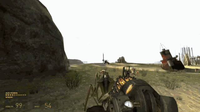 a video game screen shows the player 's health is 99 and suit is 54