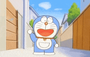 doraemon is a cartoon character that is walking down a street and waving .