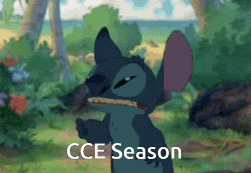a cartoon of stitch with the words cce season written below him