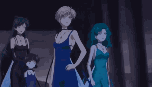 a group of anime characters standing next to each other in a dark room