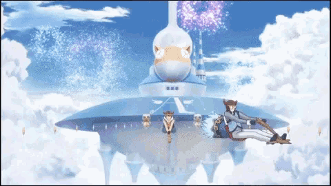 a group of people are sitting on top of a floating object with a castle in the background