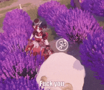a girl in a red dress is standing in a field of purple flowers with the words " fuck you " on the bottom