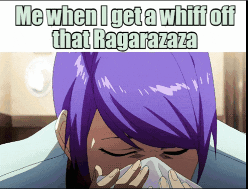 a girl with purple hair blowing her nose with a meme that says me when i get a whiff off that ragazaza