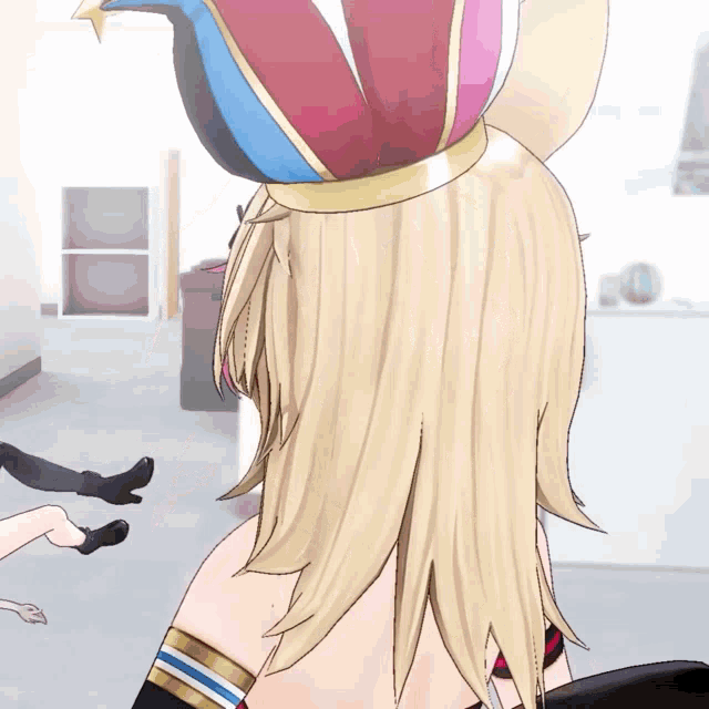 a cartoon character with blonde hair and a red hat on