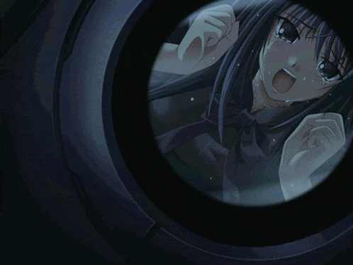 a girl is looking out of a washing machine