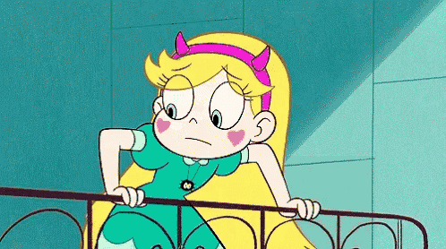 star butterfly from star vs the forces of evil is standing on a balcony looking out .