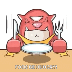 a cartoon cat is sitting at a table with a plate and fork and knife .