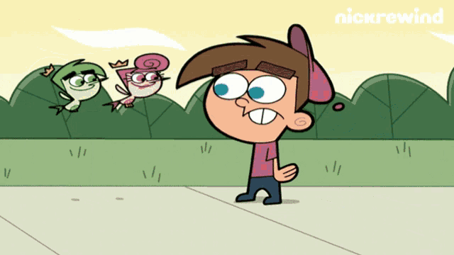 a cartoon of a boy standing next to two birds with the nickrewind logo behind him
