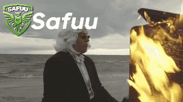 a man in a suit and bow tie is standing in front of a burning suitcase with the word safuu written above him