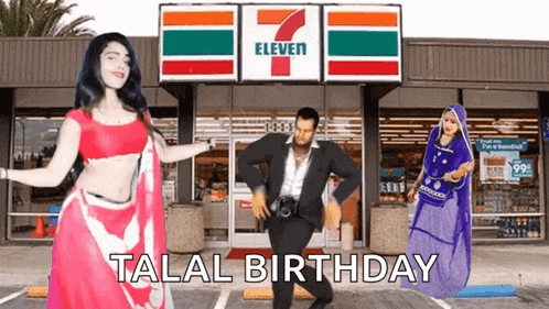 a man in a suit is dancing in front of a 7 eleven