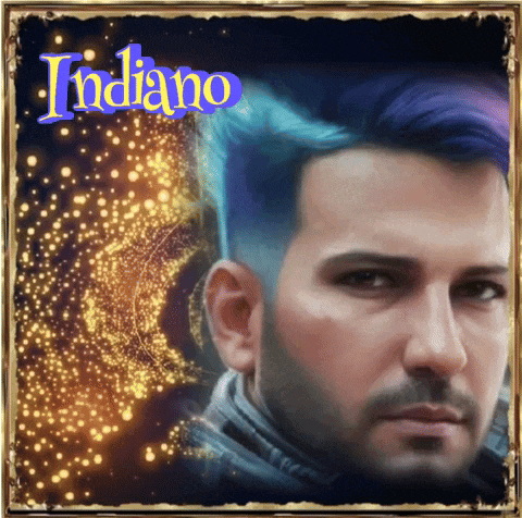 a picture of a man with blue hair and the name indiano on the bottom