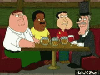 a group of cartoon characters are sitting at a table with beer mugs