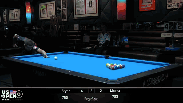a pool table that says us open on the top
