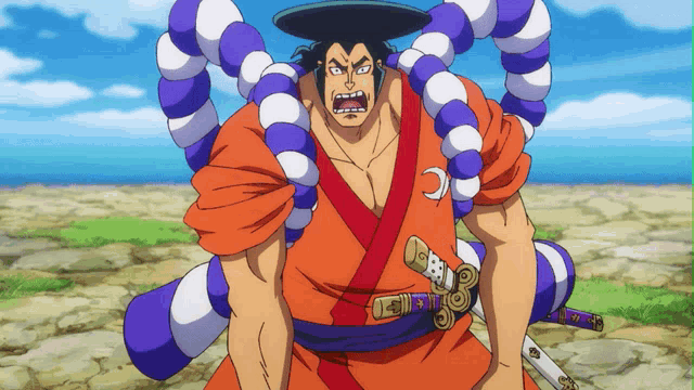 a cartoon of a man with a sword and a rope around his neck