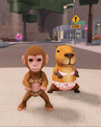 a monkey and a capybara are standing on a sidewalk in front of a school