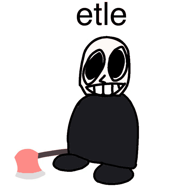 a cartoon drawing of a skeleton holding an axe with the word etle above it