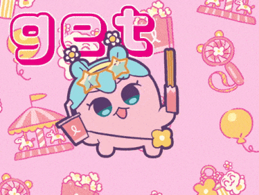 a pink cartoon character is holding a cup and a pencil in front of the words set up