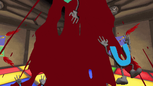 a cartoon character with the letter t on his head is surrounded by blood