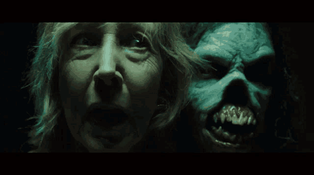 a woman is screaming in front of a monster