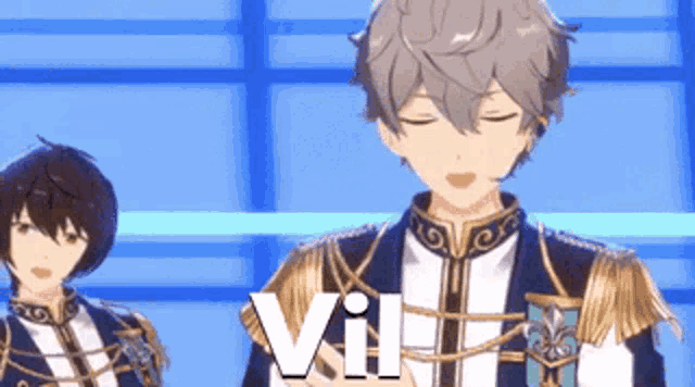 two anime characters are standing next to each other and one of them is wearing a blue and white uniform with gold epaulettes .